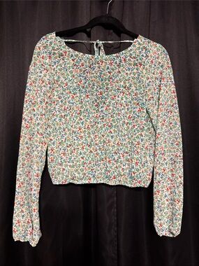 GUESS White Floral Long Sleeve V-Back Blouse Semi-Sheer - Small
